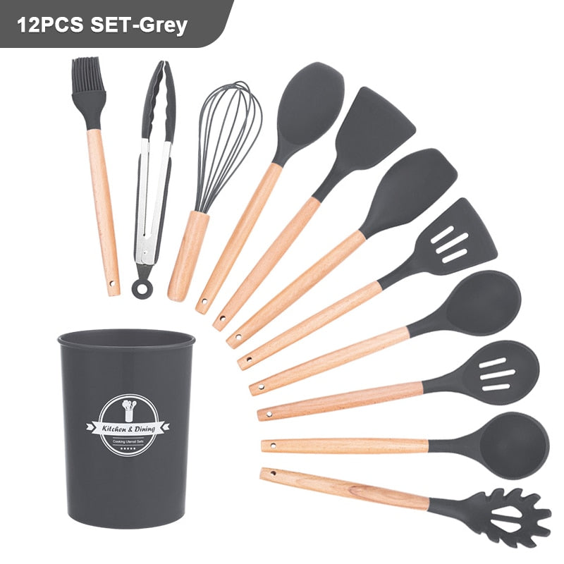 Silicone & Wood Kitchen Utensil Set